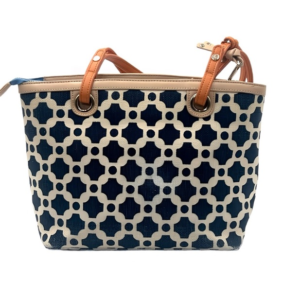 Spartina 449 May River Island Tote Tan Leather Navy Linen Resort Travel Gift Bag - Picture 2 of 10